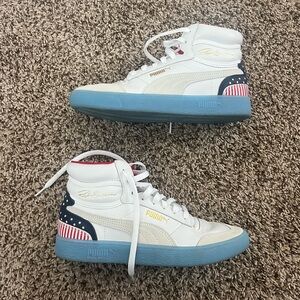 Puma White and Red Shock High Top Sneakers